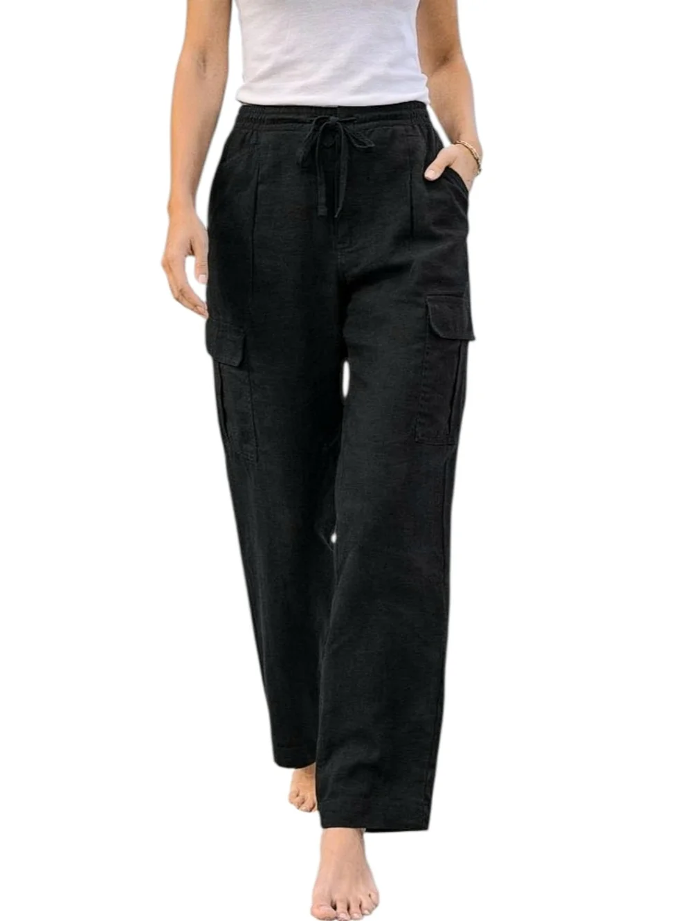 Athleta Paradise Straight Leg Pull-on Cargo Pant Black Linen Blend Sz Med